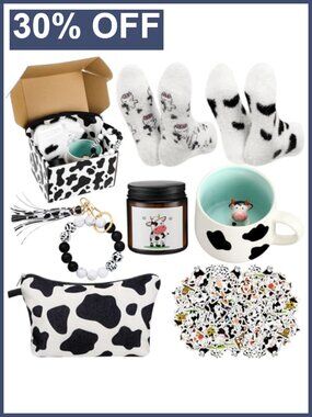 Cow Print Gift Set Makeup Bag Socks Mug Candle Keychain